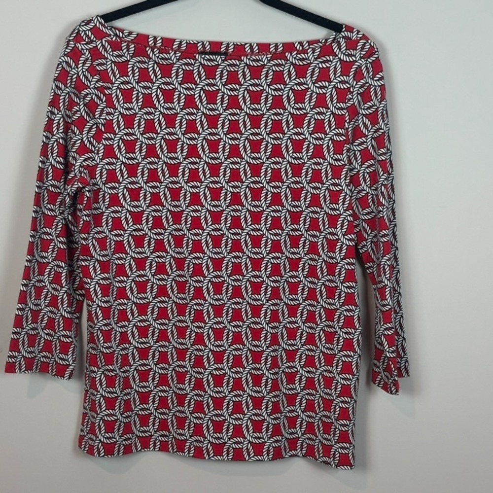 Talbots Womens Red Nautical Rope Boat Neck 3/4 Sleeve Stretch Tee SZ MED Classic